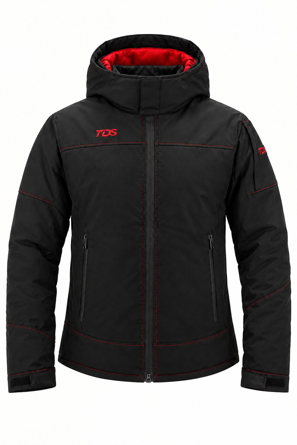 TDS Wear All-Weather Jacket 2-in-1 – front view with hood up, red lined hood