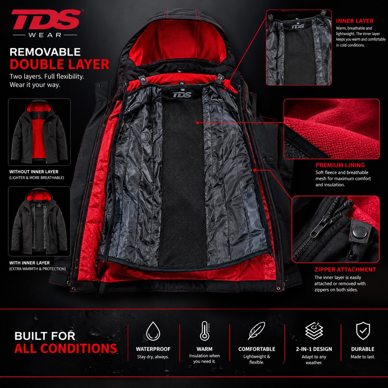 TDS Wear All-Weather Jacket 2-in-1 – removable inner layer, fleece and mesh lining, zipper attachment
